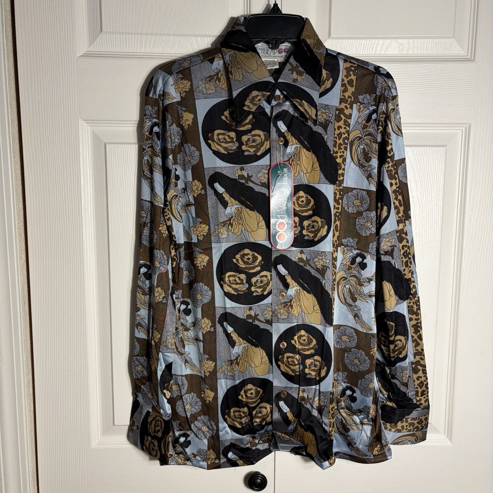 Vintage Huk A Poo Disco Shirt Men l 70s Deadstock Art Nouveau Lady Rose Novelty